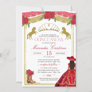 Rote Rosen & Gold Western Charro Dress Quinceañera Einladung