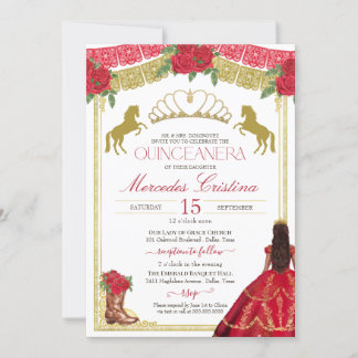 Rote Rosen & Gold Western Charro Dress Quinceañera Einladung
