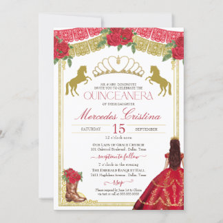 Rote Rosen & Gold Western Charro Dress Quinceañera Einladung