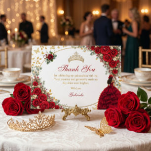 Rote Rosen goldene Schmetterlinge Quinceañera Dankeskarte