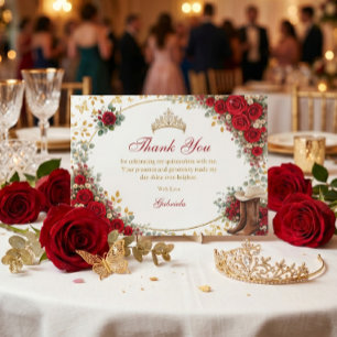 Rote Rosen goldene Schmetterlinge Quinceañera Dankeskarte