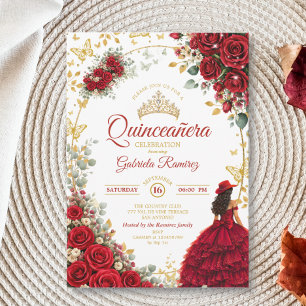 Rote Rosen goldene Schmetterlinge Quinceañera Einladung