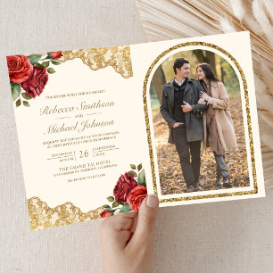 Rote Rosen Goldene Spitze Creme QR-Code Foto Hochz Einladung