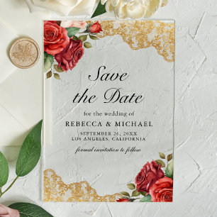Rote Rosen Goldene Spitze Hochzeit Termin vormerke Acryleinladungen