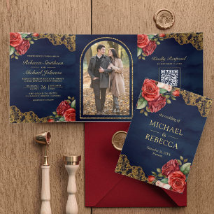 Rote Rosen Goldene Spitze Navy QR Code Foto Hochze Dreifach Gefaltete Einladung