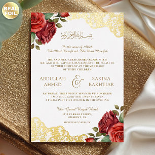 Rote Rosen Goldene Stickerei QR-Code Muslimische H Folieneinladung