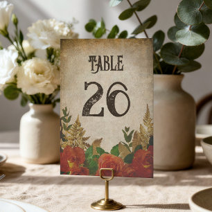Rote Rosen Goldener Farn Vintage-Hochzeit Tischnummer