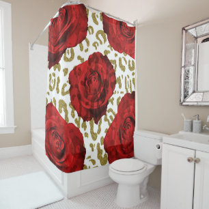 Rote Rosen Goldener Gepard Leopard Tierprint Duschvorhang