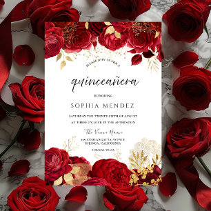 Rote Rosen Goldenes Quinceanera-Party Einladung