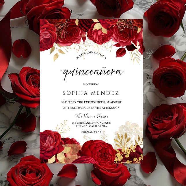 Rote Rosen Goldenes Quinceanera-Party Einladung (Von Creator hochgeladen)