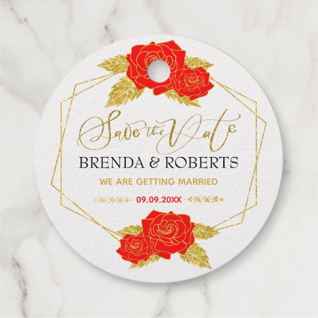 Rote Rosen Goldrahmen Rett-the-date Typografie Geschenkanhänger (Rückseite)