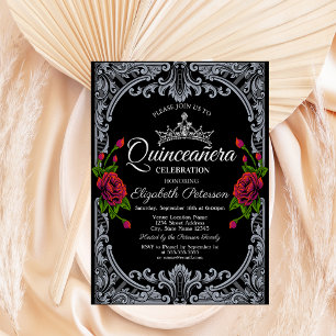 Rote Rosen Gothic Schwarze Streifen Quinceañera Einladung