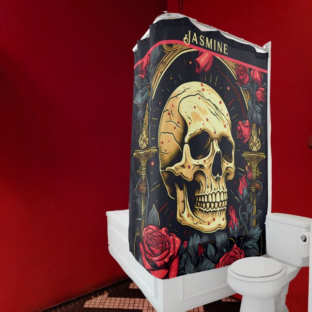 Rote Rosen Gothic Skull Halloween Duschvorhang (Skull and Roses Shower Curtain for that special touch for your bathroom décor.)