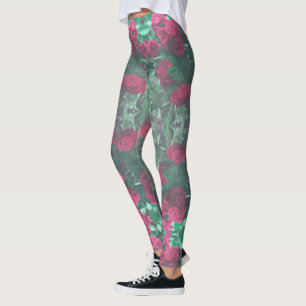 Rote Rosen Grüne Blätter Blume Leggings