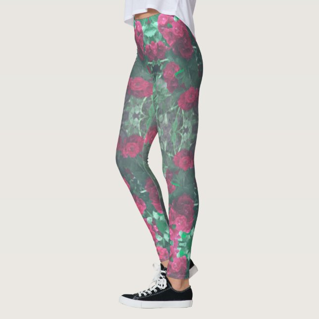 Rote Rosen Grüne Blätter Blume Leggings (Links)