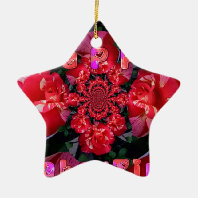 Rote Rosen "Happy Valentine" Kunstdrucken Keramik Ornament (Vorne)