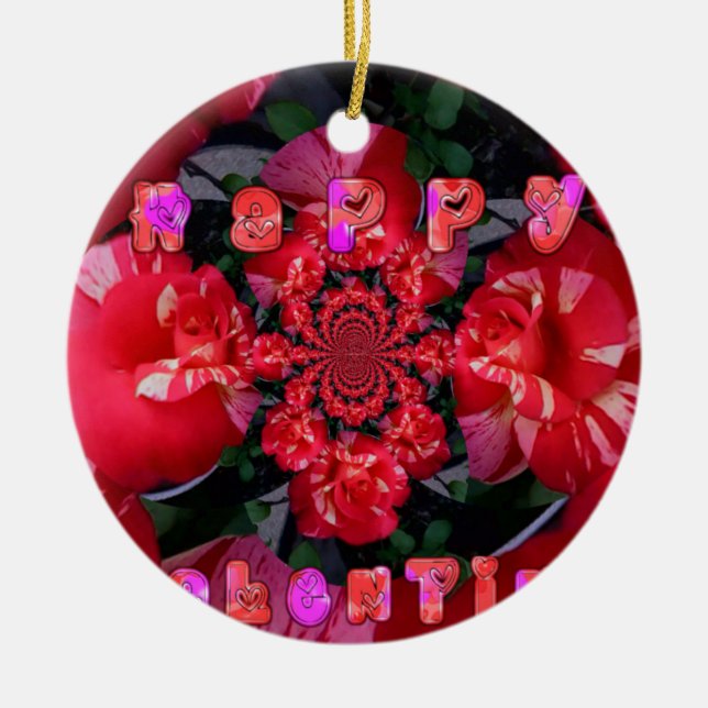 Rote Rosen "Happy Valentine" Kunstdrucken Keramik Ornament (Vorne)