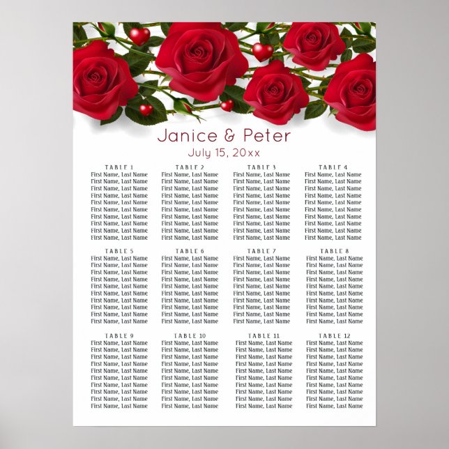 Rote Rosen, Herz Hochzeit 12 Tische Sitzkarte Poster (Vorne)