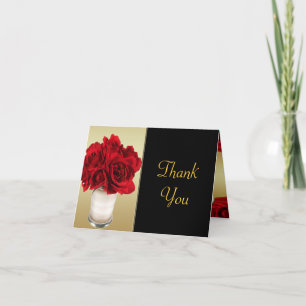 Rote Rosen & Herz, Hochzeit mit Gold und Schwarz Dankeskarte