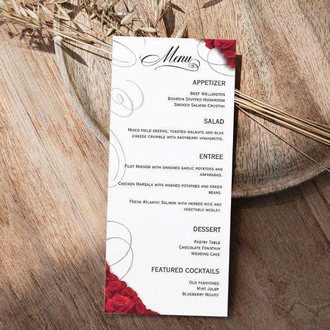 Rote Rosen-Hochzeit geblüht Menükarte (Red Rose Flourish Wedding Menu for Reception)