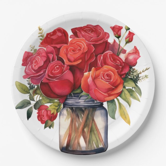 Rote Rosen Hochzeit Pappteller (Vorderseite)