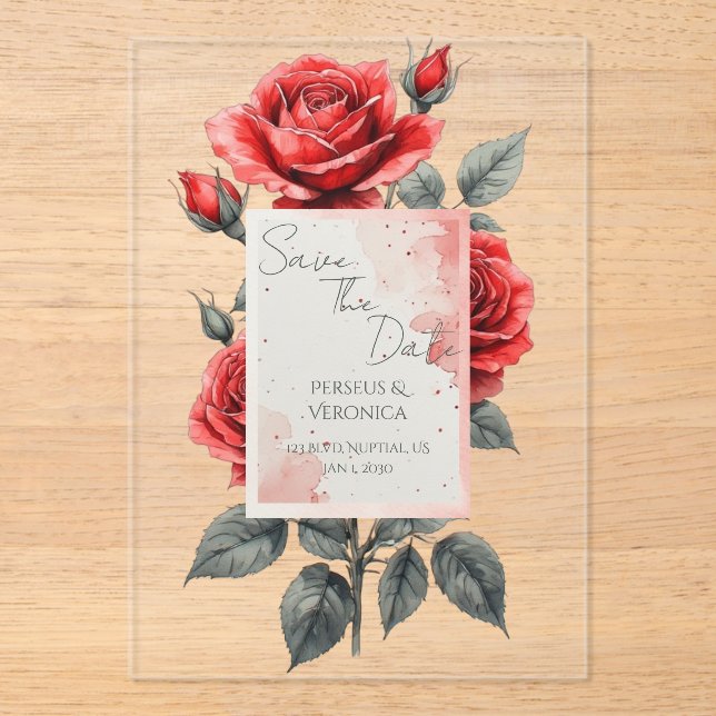 Rote Rosen Hochzeits-Einladung Acryleinladungen (Vorderseite)