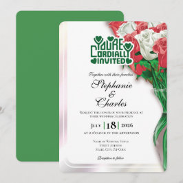 Rote Rosen Hochzeits-Einladung - Grüne Schrift 4 Einladung