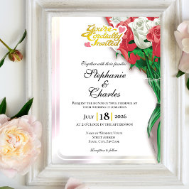 Rote Rosen Hochzeitseinladung - Goldene Buchstaben Einladung