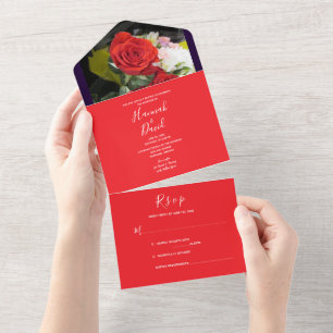 Rote-Rosen-Hochzeitseinladung in einem All In One Einladung