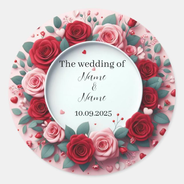 Rote Rosen Hochzeitsgeschmacksaufkleber Runder Aufkleber (Vorderseite)