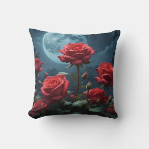 Rote Rosen im Mondlicht Kissen