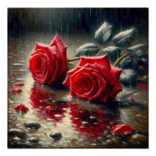 Rote Rosen im Regen Poster