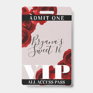 Rote Rosen im rustikalen Chic Sweet 16 VIP Pass Ausweis