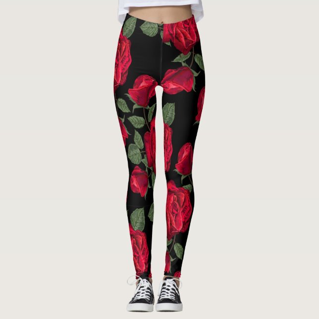 Rote Rosen im schwarzen Hintergrund Leggings (Vorderseite)