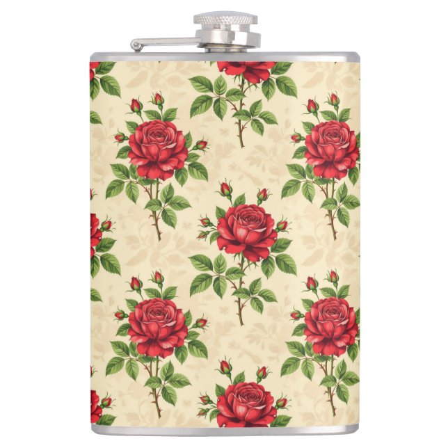 Rote Rosen im Vintage-Muster Flachmann (Vorderseite)