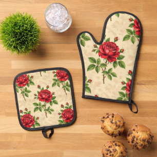 Rote Rosen im Vintage-Muster Ofenhandschuh & Topflappen-Set