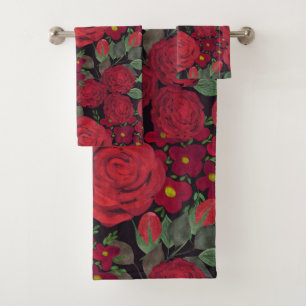 rote Rosen in Aquarellfarbe auf Schwarz, Badhandtuch Set