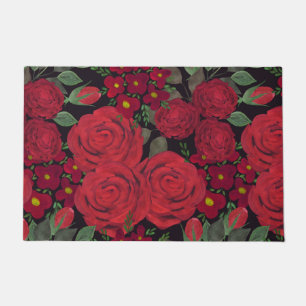 rote Rosen in Aquarellfarbe auf Schwarz, Fußmatte