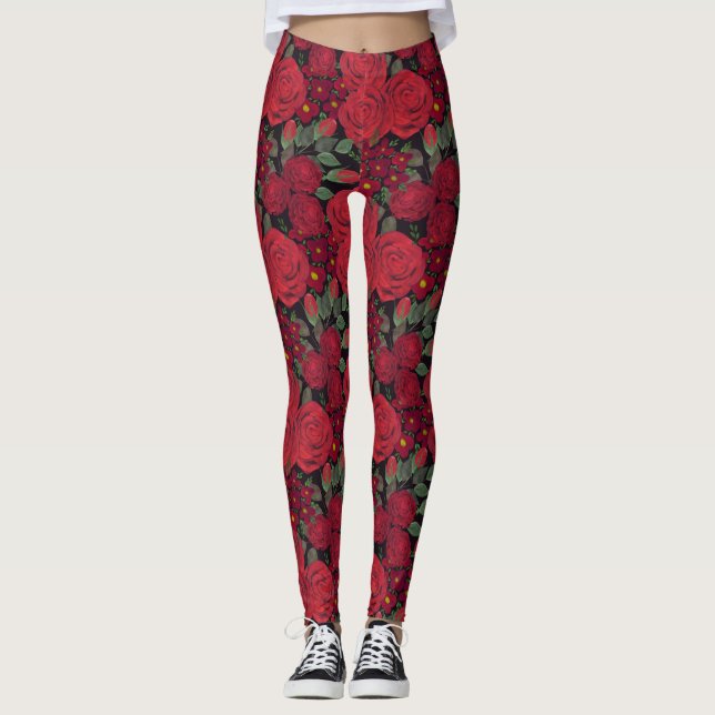 rote Rosen in Aquarellfarbe auf Schwarz, Leggings (Vorderseite)