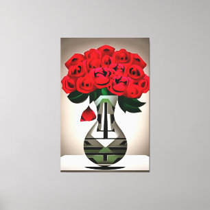 Rote Rosen in Vase Art Deco Abstrakte Kunst Leinwanddruck