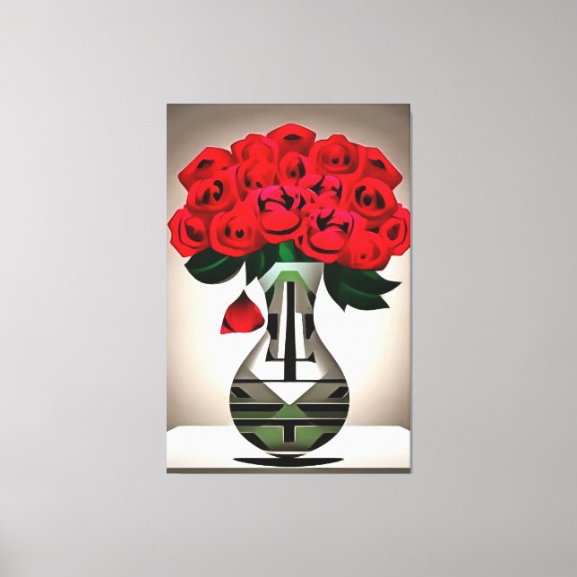 Rote Rosen in Vase Art Deco Abstrakte Kunst Leinwanddruck (Vorderseite)