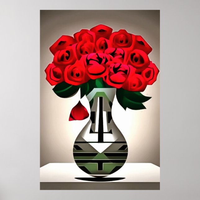 Rote Rosen in Vase Art Deco Abstrakte Kunst Poster (Vorne)