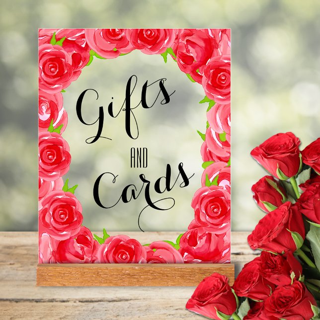 Rote Rosen Karten und Geschenke Brautparty Acrylschild (Red roses bridal shower Cards and Gifts tabletop acrylic sign)
