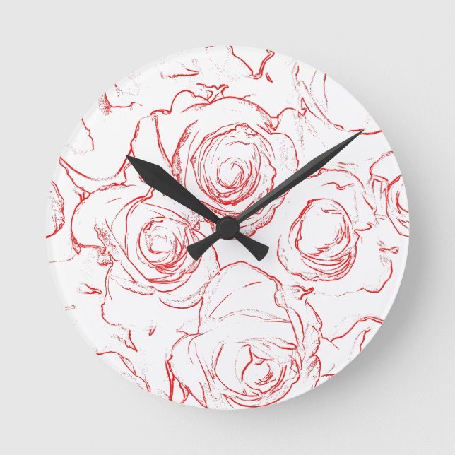 Rote Rosen Konturen Runde Wanduhr (Vorderseite)