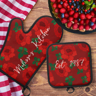 Rote Rosen Küche gegründet Ofenhandschuh & Topflappen-Set