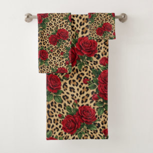 Rote Rosen Leoparden-Druck-Muster  Badhandtuch Set