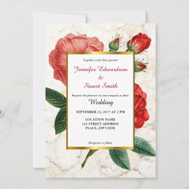 Rote Rosen Marmor Blumen Vintage Hochzeit Einladung (Vorderseite)