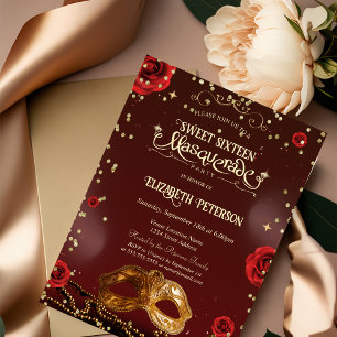 Rote Rosen Maske Perlen Sweet 16 Einladung
