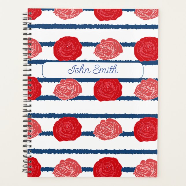 Rote Rosen mit Blue Stripes_ Blumenmuster-Skript Planer (Vorderseite)