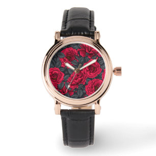 Rote Rosen mit grauen Blätter auf schwarz Armbanduhr